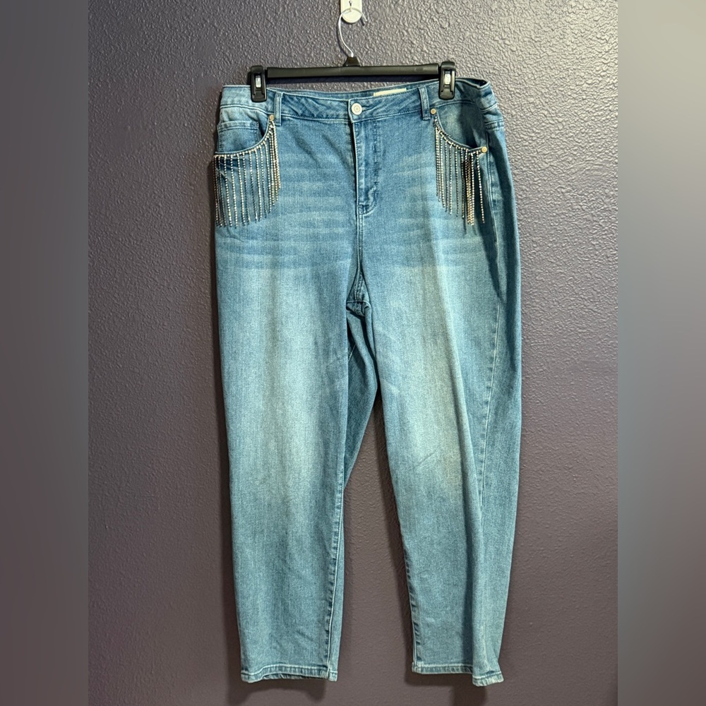 ELOQUII Rhinestone Fringe Blue Denim Jeans